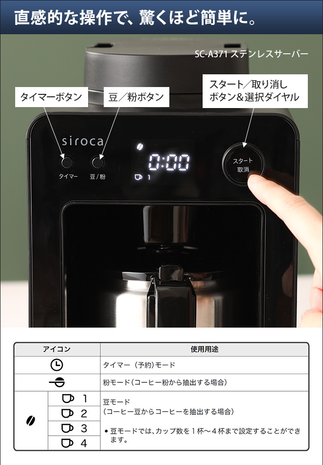 siroca 全自動コーヒーメーカー カフェばこ SC-A371 ステンレスサーバー